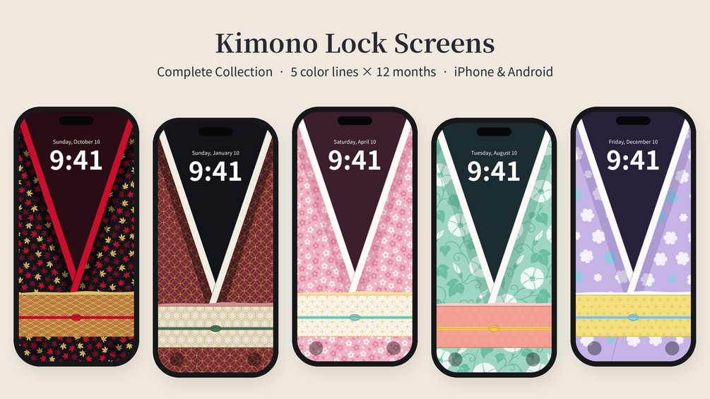 Kimono Lock Screens — 5 color lines shown on five phones